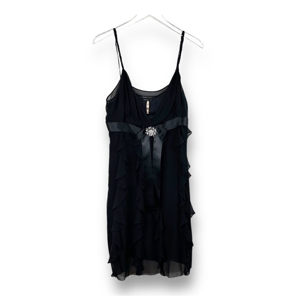 BCBGMAXAZRIA Flowy Waterfall Chiffon Cocktail Dress with Front Crystal Bow Sz 12
